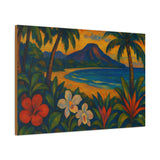 Gauguin Inspired Tropical Beach with Volcano and Exotic Flowers