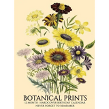 Botanical prints 12-month hardcover birthday calendar cover featuring a vintage-style floral illustration with yellow, purple, and dark red flowers on a cream background, with the text 'BOTANICAL PRINTS 12 MONTH - HARDCOVER BIRTHDAY CALENDAR NEVER FORGET TO REMEMBER' at the bottom.