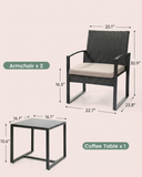 Dimensions of two armchairs and a coffee table on a beige background