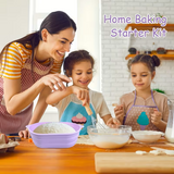 A woman and two children wearing colorful aprons are baking together at a wooden table, with bowls of flour and water, a whisk, and the text 'Home Baking Starter Kit' in the upper right corner.