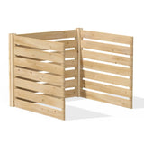 Wooden compost bin with slatted design on a white background