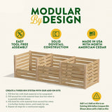 Wooden compost bin with features listed on a white background