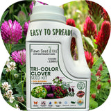Flawn Seed Kits Tri-Color Clover Seed Kit packaging with clover flowers in the background