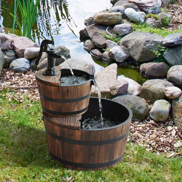 Outdoor 2-Tier Solid Wood Whisky Barrel Waterfall Fountain with Electric Pump - FREE SHIPPING