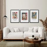 Living room with a white sofa, wooden coffee table, and Matisse art prints on the wall.