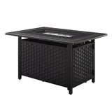 Black outdoor fire pit table with woven design on a white background