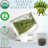 Alfalfa sprout starter kit with sprouts, a container of seeds, and a cartoon sprout character on a white background.
