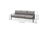 Gray sofa with dimensions labeled on a white background