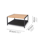 Coffee table with dimensions labeled on a white background