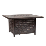Square metal fire pit table with textured surface on a white background
