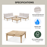 Outdoor furniture set with specifications on recycled weather-text, removable cushions, Weather-Net technology, and FSC-certified wood.
