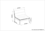 Technical drawing of a modular side chair with dimensions on a white background