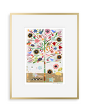 Framed artwork of a colorful tree with flowers and animals on a white background AS ABOVE SO BELOW PRINT
