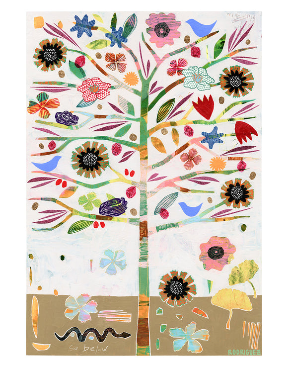 Colorful floral and bird design on a white background AS ABOVE SO BELOW PRINT