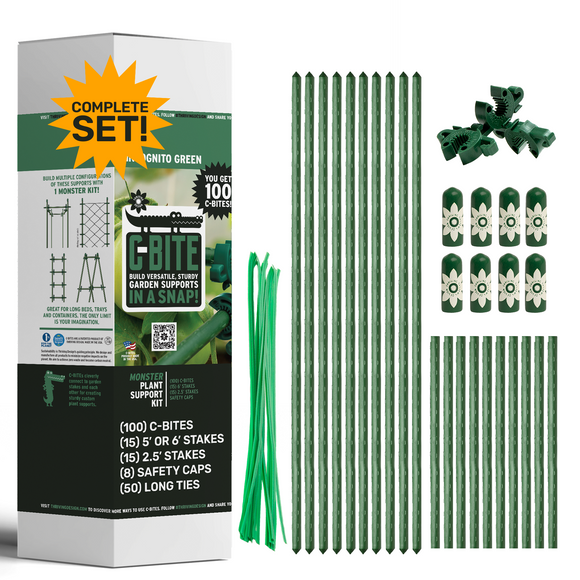 G-HITE garden support kit with packaging, stakes, ties, and safety caps on a white background