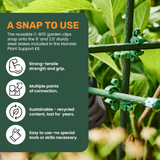 Green garden clip attached to a plant support system with text about its features.