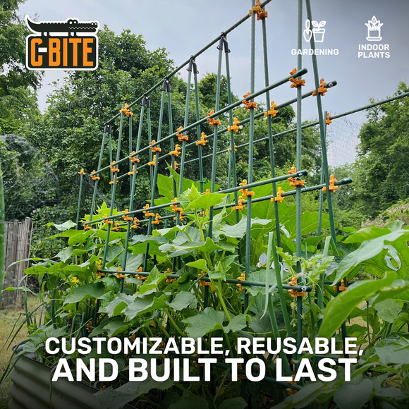 Garden trellis system with plants growing on it, branded 'G-Bite', in an outdoor setting.