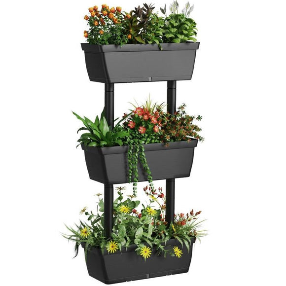 Modern Vertical 3-Tier Indoor Outdoor Black PP Raised Garden Bed Planter Box - FREE SHIPPING