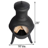 Black cast iron chiminea with dimensions labeled on a white background