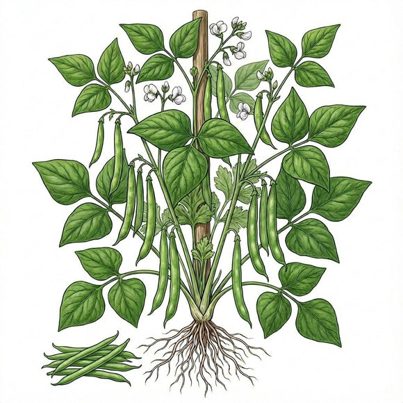 Illustration of a green bean plant with leaves, flowers, BEAN Seeds, Kentucky Blue Pole and roots on a white background 