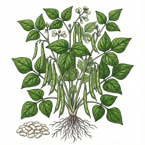 Illustration of a green bean plant with leaves, beans, and roots on a white background BEAN Seeds, Slenderette Bush