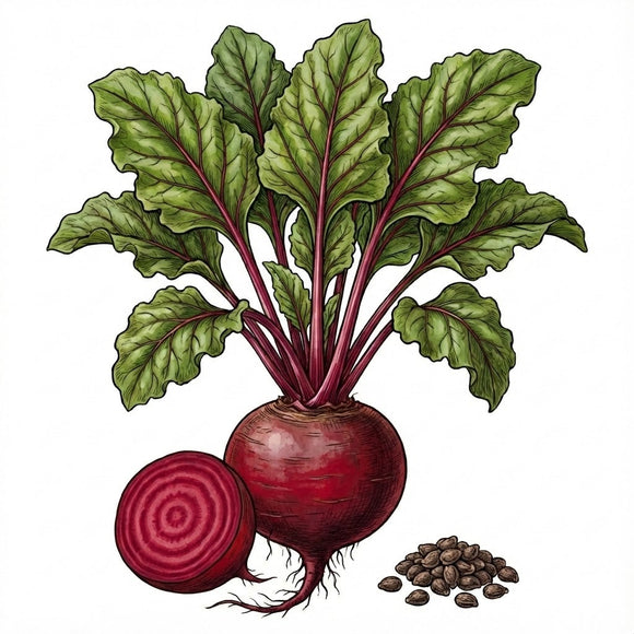 Illustration of a beetroot with green leaves and seeds on a white background BEET Seeds, Detroit Dark Red