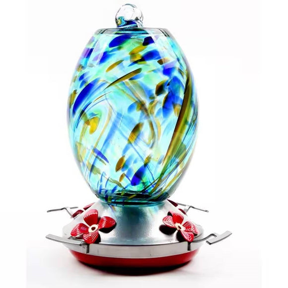 Blue Blown Glass Hummingbird Feeder with Perch and 4 Feeding Ports - FREE SHIPPING