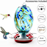 Blue Blown Glass Hummingbird Feeder with Perch and 4 Feeding Ports - FREE SHIPPING
