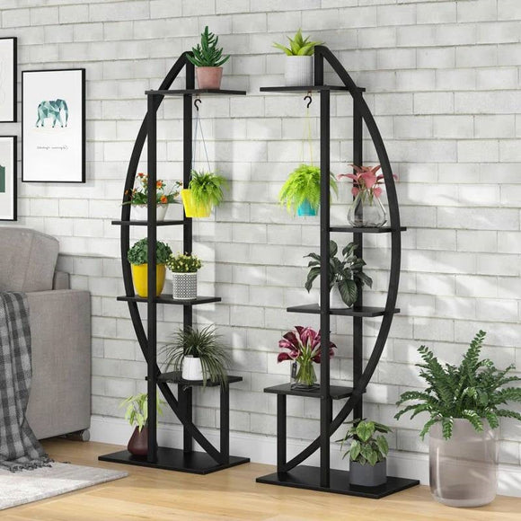 Set of 2 - Symmetrical Modern Black Metal Wood 10-Shelf Plant Stand - FREE SHIPPING