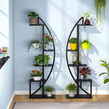 Set of 2 - Symmetrical Modern Black Metal Wood 10-Shelf Plant Stand - FREE SHIPPING