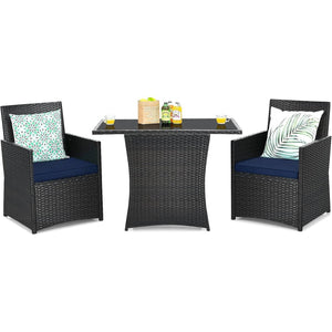 3-Piece Patio Furniture Outdoor Dining Set Brown PE Rattan Navy Blue Cushions - FREE SHIPPING