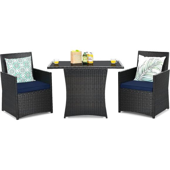 3-Piece Patio Furniture Outdoor Dining Set Brown PE Rattan Navy Blue Cushions - FREE SHIPPING