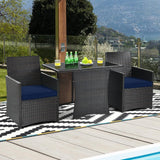 3-Piece Patio Furniture Outdoor Dining Set Brown PE Rattan Navy Blue Cushions - FREE SHIPPING