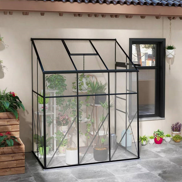 6.3 ft x 4.1 ft Outdoor Polycarbonate Lean-to Greenhouse with Black Metal Frame - FREE SHIPPING