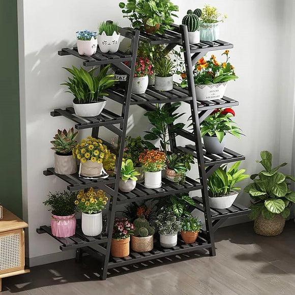 Indoor Outdoor 12-Shelf Black Wood Triangular Flower Pot Plant Stand - FREE SHIPPING