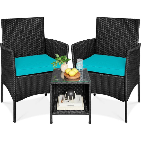 3-Piece Black PE Wicker Outdoor Dining Patio Furniture Set w/ Teal Blue Cushions - FREE SHIPPING
