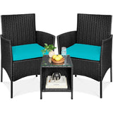 3-Piece Black PE Wicker Outdoor Dining Patio Furniture Set w/ Teal Blue Cushions - FREE SHIPPING