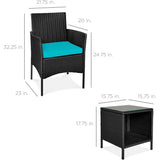 3-Piece Black PE Wicker Outdoor Dining Patio Furniture Set w/ Teal Blue Cushions - FREE SHIPPING
