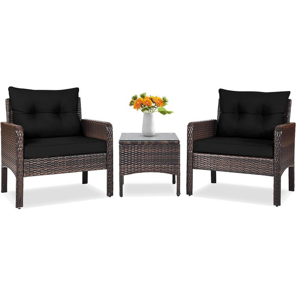3-Piece Brown PE Rattan Outdoor Dining Patio Furniture Set with Black Cushions - FREE SHIPPING