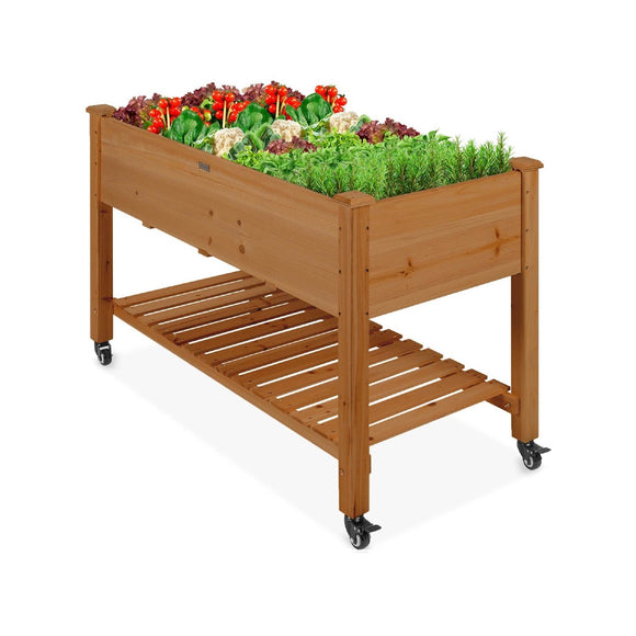 Outdoor Brown Wood Raised Garden Bed Planter Box with Shelf and Locking Wheels - FREE SHIPPING