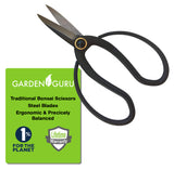 Bonsai scissors with a green label on a white background