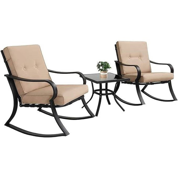3-Piece Outdoor Patio Furniture Table Rocking Chairs Set with Beige Cushions - FREE SHIPPING