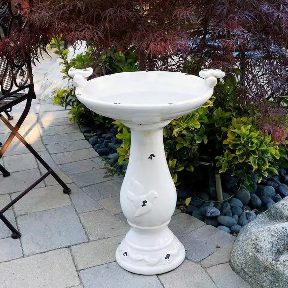 Outdoor Off-White Ceramic Birdbath in Light-Brown Antique Finish - FREE SHIPPING