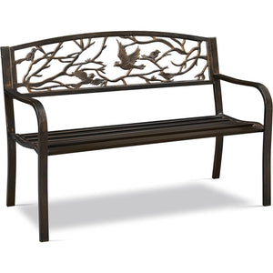 Outdoor Cast Iron Garden Bench in Bronze Metal Finish with Bird Pattern Backrest - FREE SHIPPING