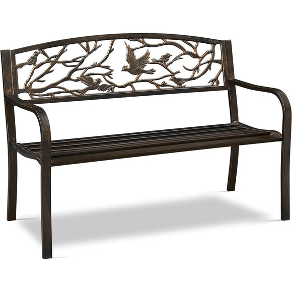 Outdoor Cast Iron Garden Bench in Bronze Metal Finish with Bird Pattern Backrest - FREE SHIPPING