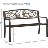 Outdoor Cast Iron Garden Bench in Bronze Metal Finish with Bird Pattern Backrest - FREE SHIPPING