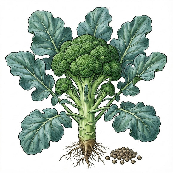 Illustration of a broccoli plant with roots and seeds on a white background BROCCOLI Seeds, Calabrese