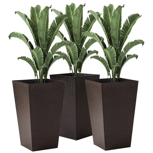 Set of 3 - Brown Faux Rattan Plastic Tall Large Flower Pots - FREE SHIPPING