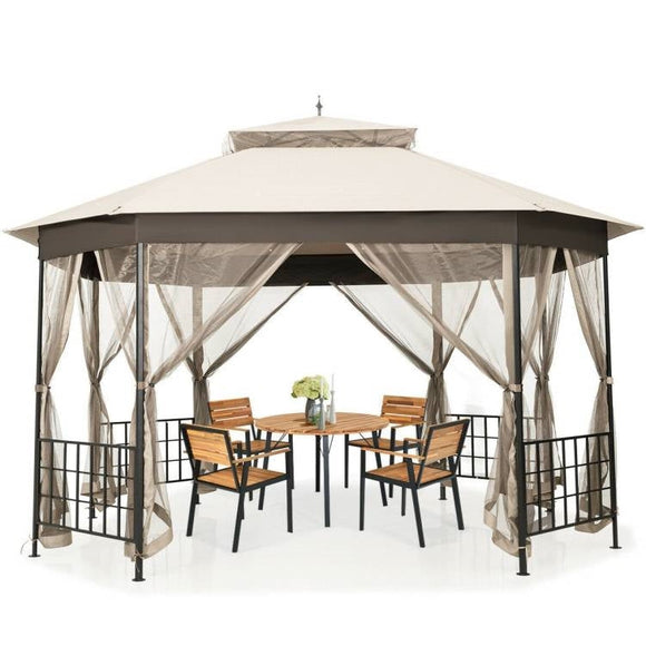 Outdoor 10 x 12 Ft Octagon Gazebo with Mosquito Net Sidewalls and Beige Canopy - FREE SHIPPING