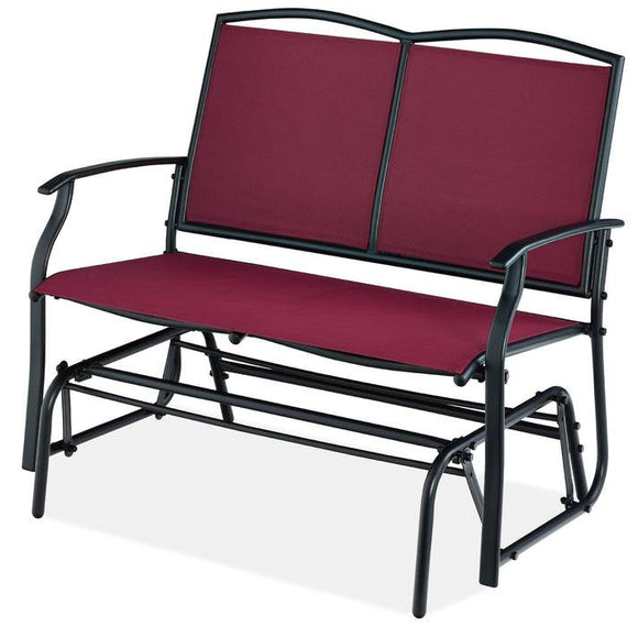 2 Seat Mesh Patio Loveseat Swing Glider Rocker with Armrests in Burgundy Red - FREE SHIPPING